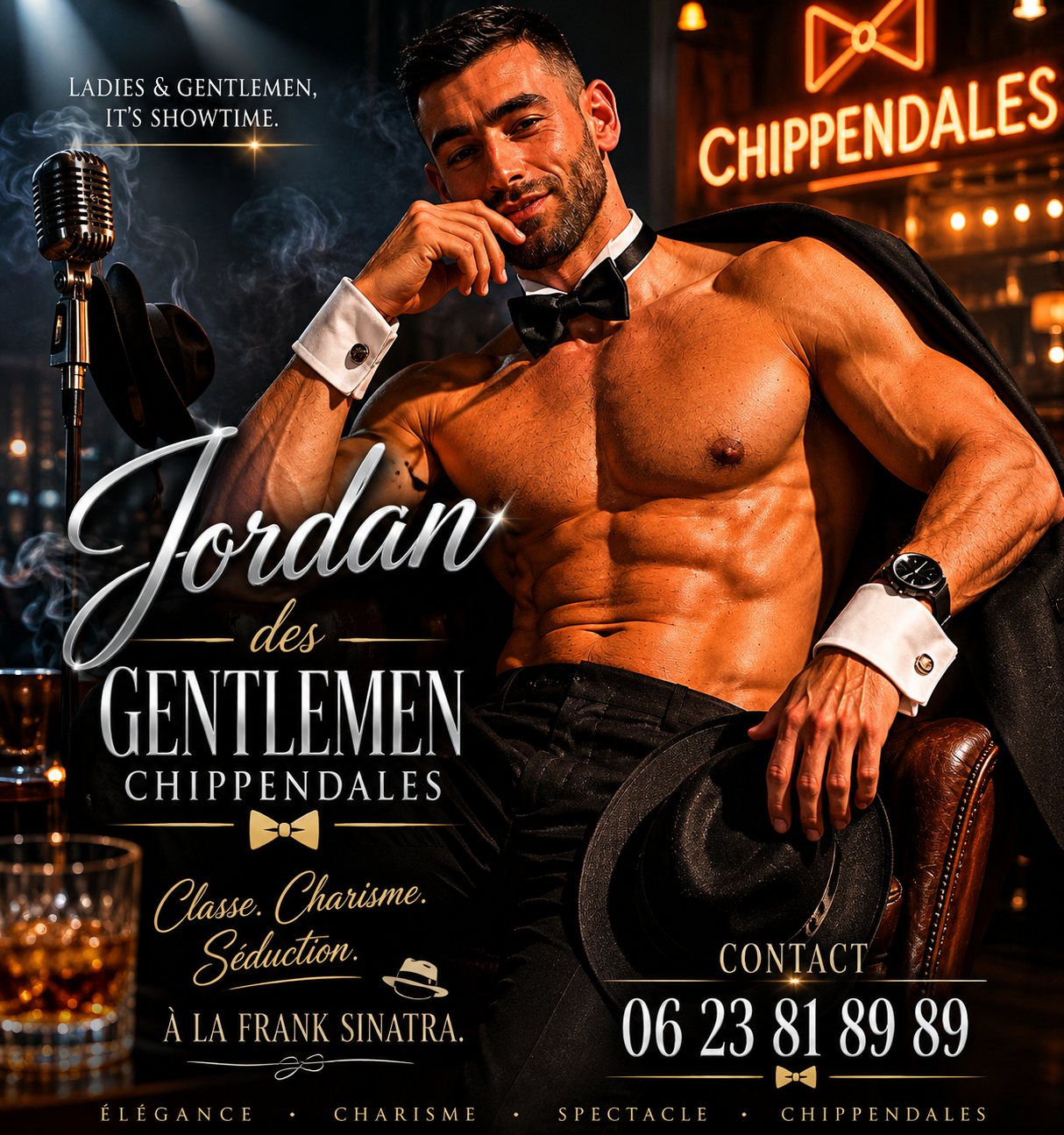 Chippendale Jordan des Gentlemen Striptease en noeud papillon, ambiance cabaret Frank Sinatra, show en PACA