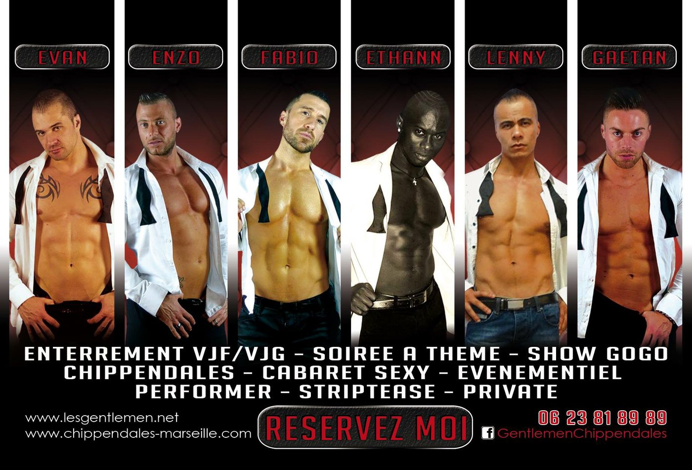 Troupe de chippendales Les Gentlemen a Marseille : Evan, Enzo, Fabio, Ethann, Lenny et Gaetan en chemise blanche