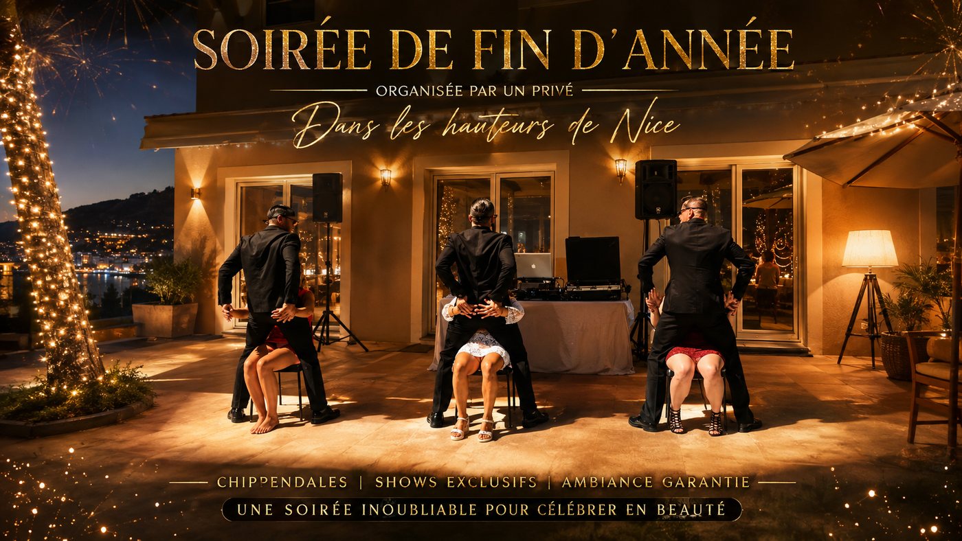 Show de chippendales des GENTLEMEN STRIPTEASE lors d'une soirée de fin d'année sur une terrasse dans les hauteurs de Nice